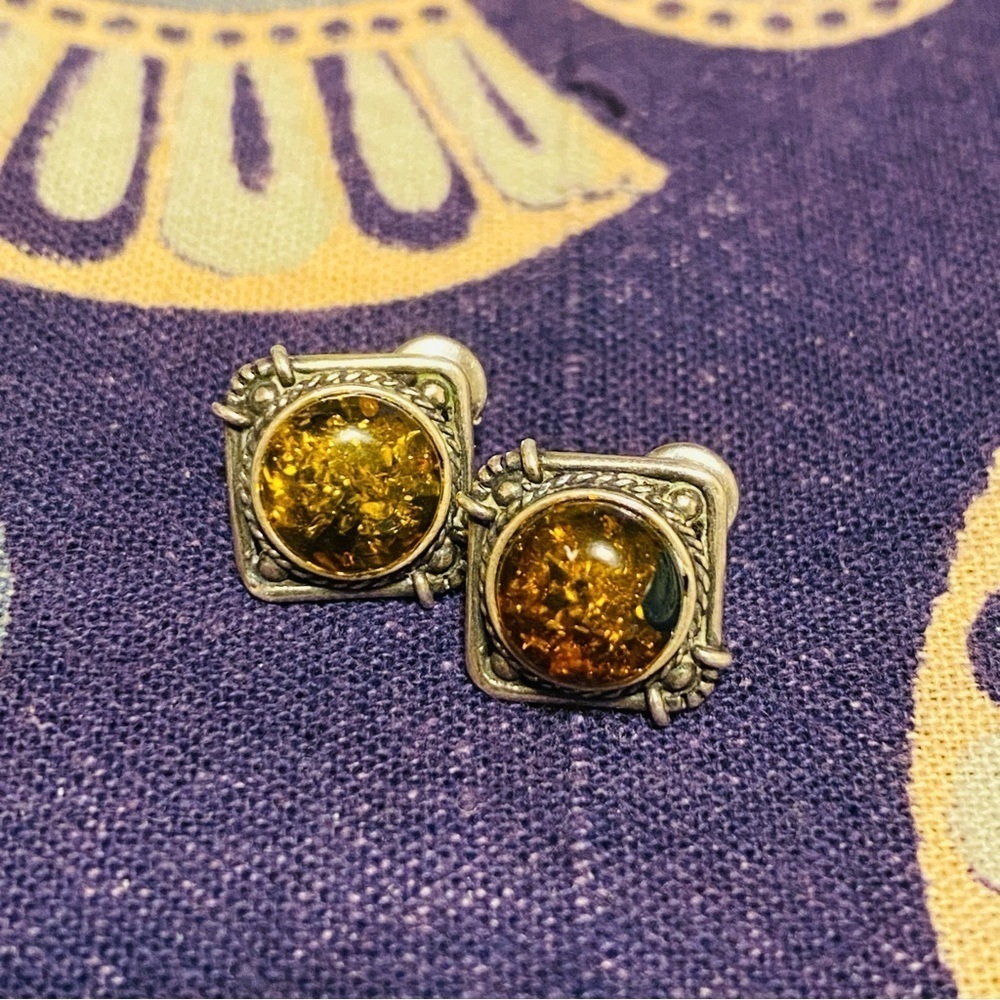 Silver Amber  earrings rope detail beads studs